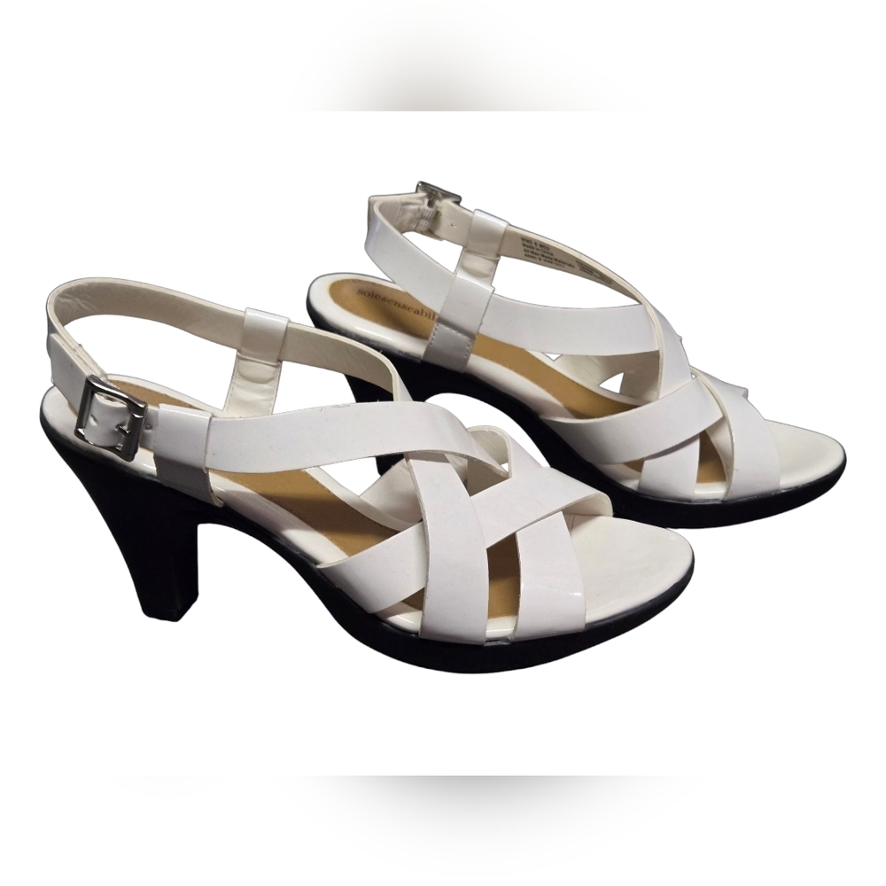 Sole Sensibility Cohen White Pleather Sandals Sz 8 M 1" Platform 3.5" Heel
